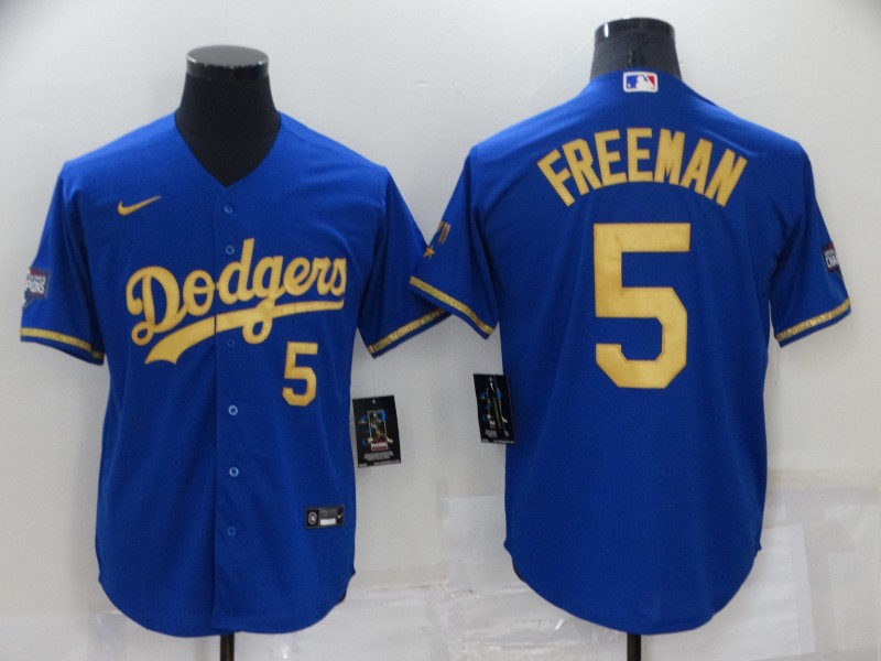 Men's Los Angeles Dodgers #5 Freddie Freeman Royal Gold Cool Base Stitched Baseball Jersey